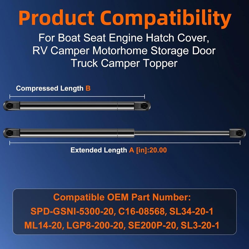 Euplokeer Qty (2) GSNI-5300-20 ML34-20 20in Gas Strut Shock for Boat Seat Engine Hatch Cover, ML14-20 LGP6-200-20 SE200P-20 Spring Lift Support for RV Camper Motorhome Storage Door Bed Window Toolbox. - Image 2